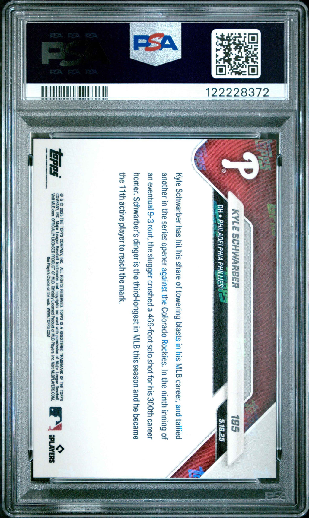 Graded 2025 Topps Now Kyle Schwarber #195 Orange Foil /25 Baseball Card PSA 9 Mint
