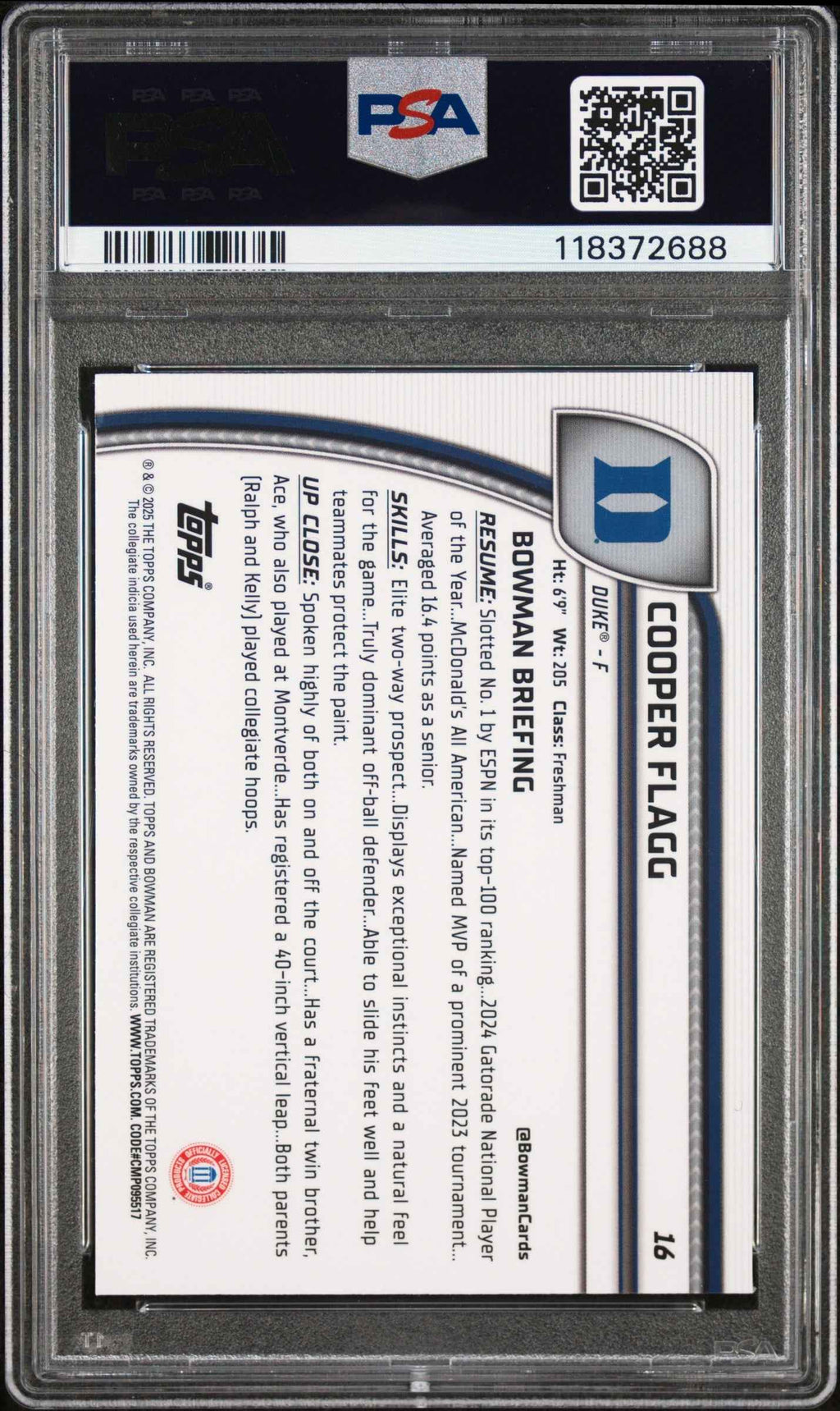 Graded 2024 Topps Bowman Chrome U Cooper Flagg #16 Green Shimmer Rookie RC Basketball Card PSA 10 Gem Mint