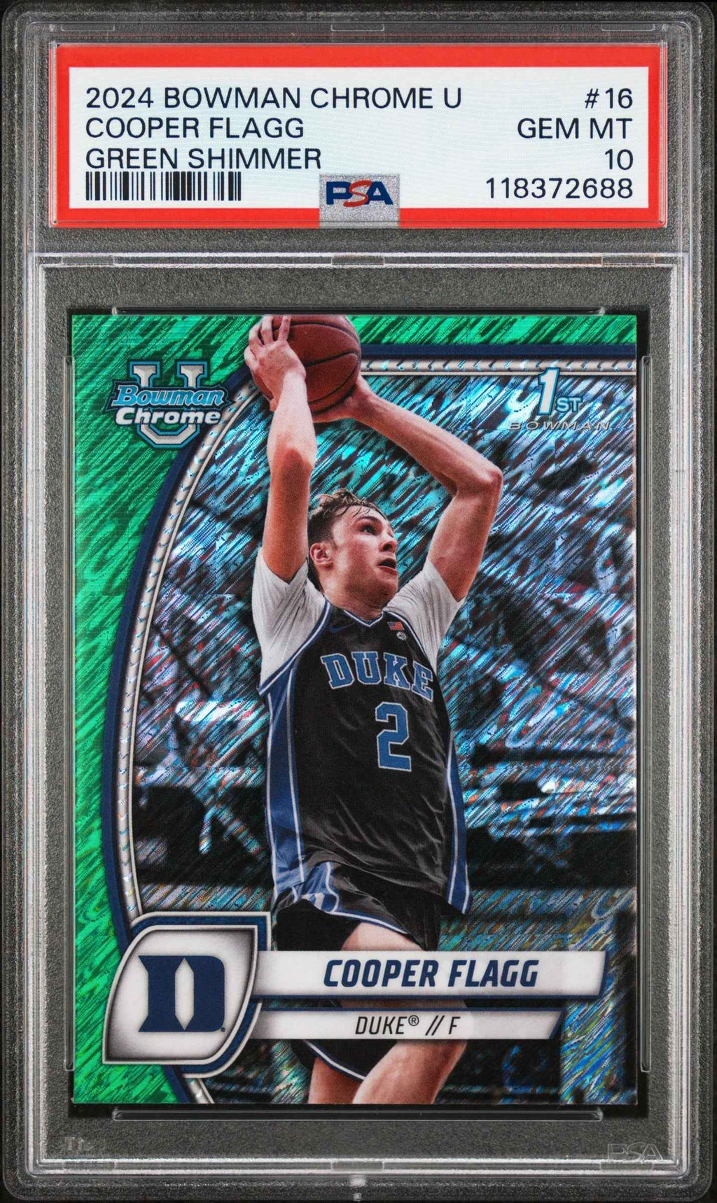 Graded 2024 Topps Bowman Chrome U Cooper Flagg #16 Green Shimmer Rookie RC Basketball Card PSA 10 Gem Mint