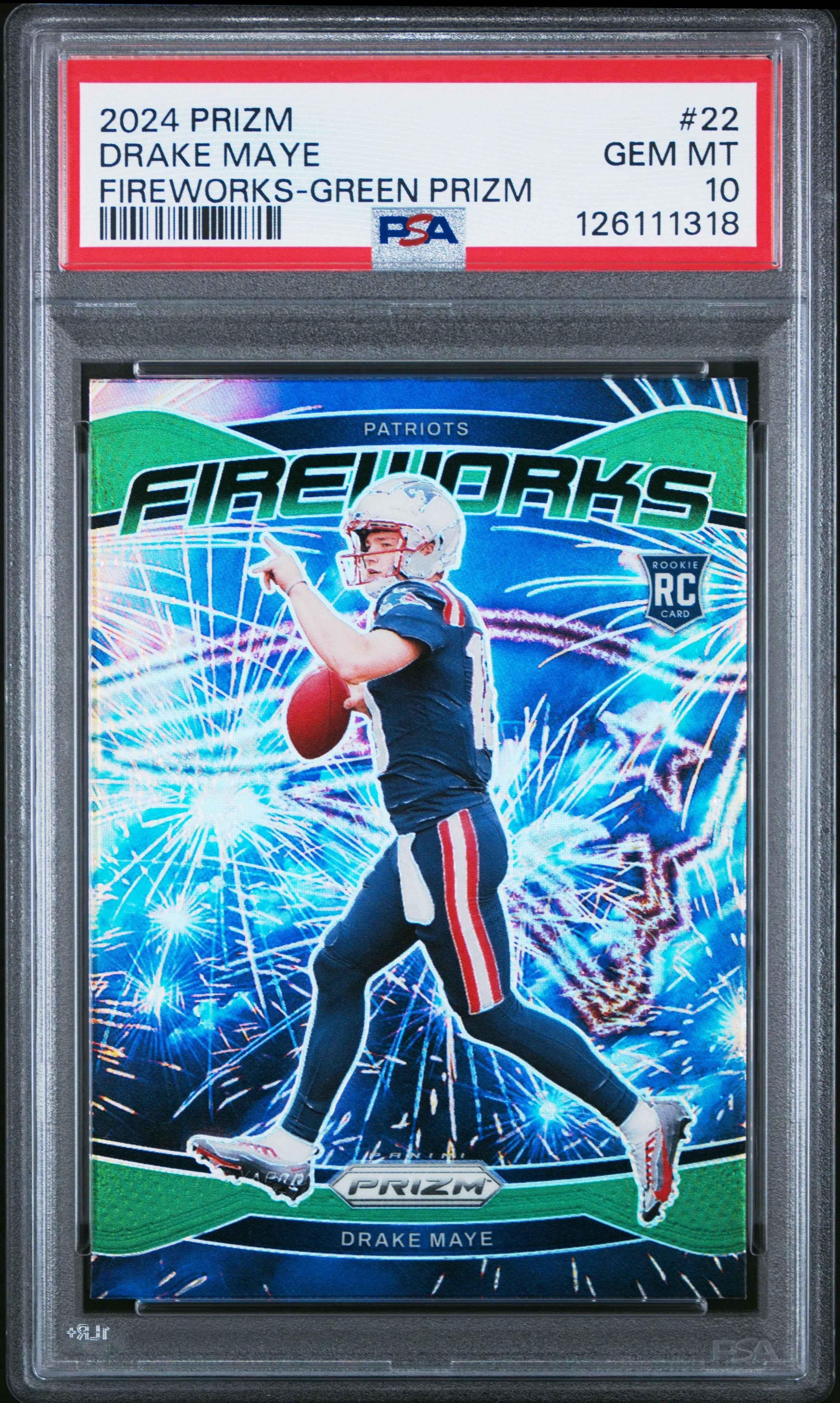 Graded 2024 Panini Prizm Drake Maye #22 Fireworks Green Prizm Rookie RC Football Card PSA 10 Gem Mint