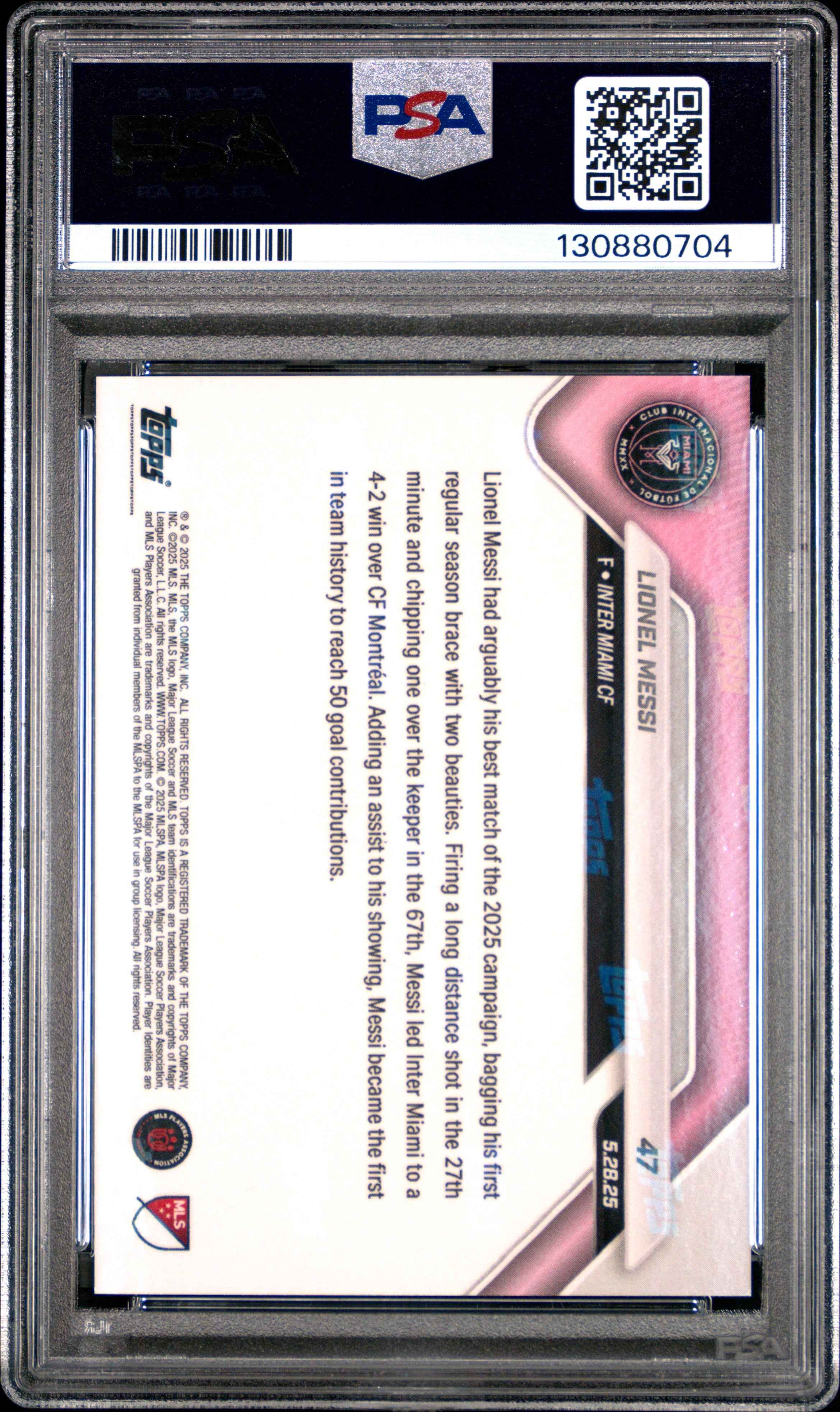 Graded 2025 Topps Now Lionel Messi #47 1st Miami Player to Reach 50 Goal Contributions Soccer Card PSA 10 Gem Mint