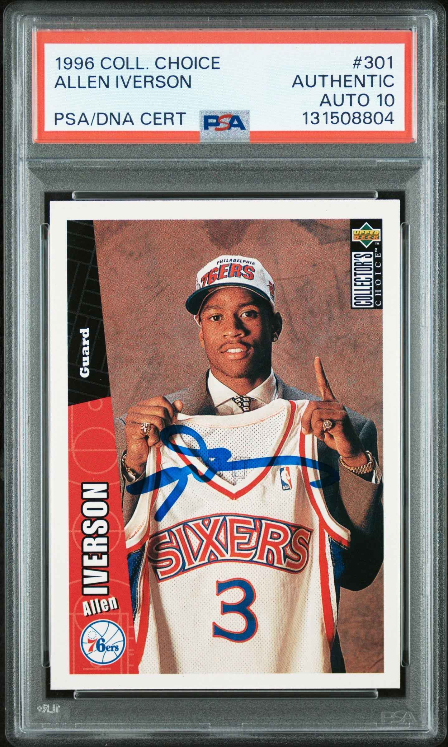 Graded 1996 Upper Deck UD Collector's Choice Allen Iverson #301 Rookie RC Basketball Card PSA 10 Auto Grade Gem Mint