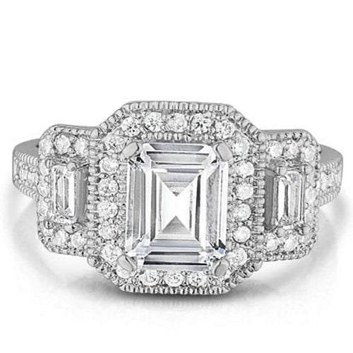 18k White Gold Tri Stone Emerald Cut Cubic Zirconia Ring