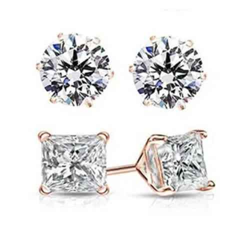 2 Pairs: Round and Princess Cut Rose Gold Stud Earrings