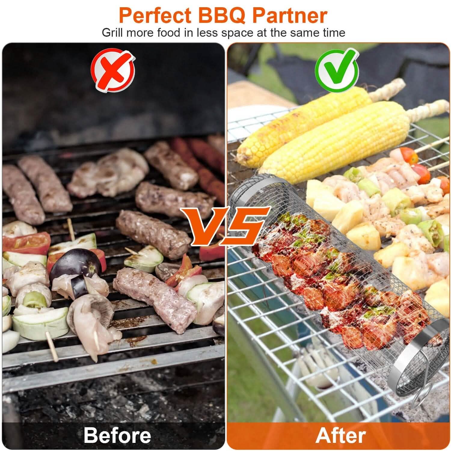 2-Piece: Portable BBQ Rolling Basket Round Stainless Steel Grill