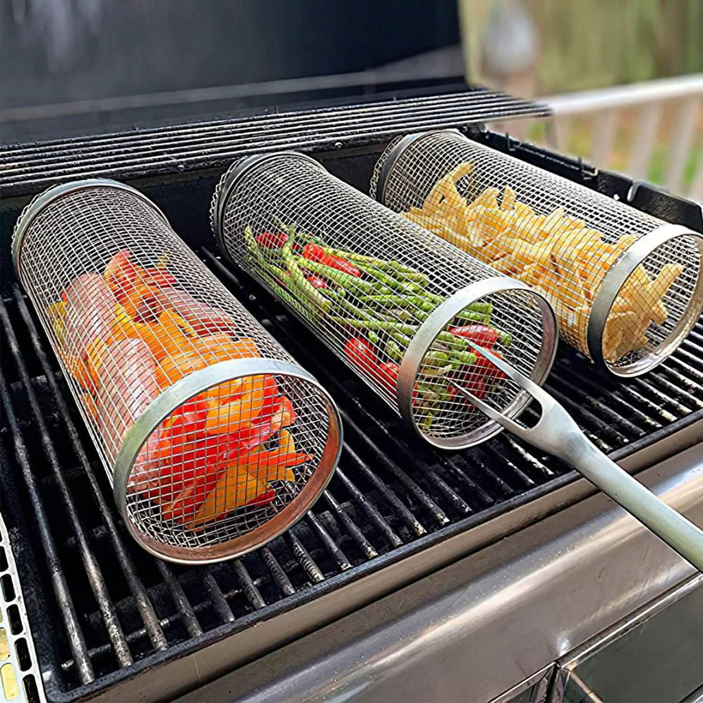 2-Piece: Portable BBQ Rolling Basket Round Stainless Steel Grill