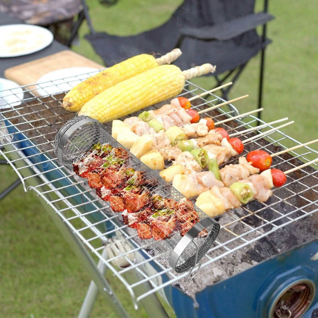 2-Piece: Portable BBQ Rolling Basket Round Stainless Steel Grill