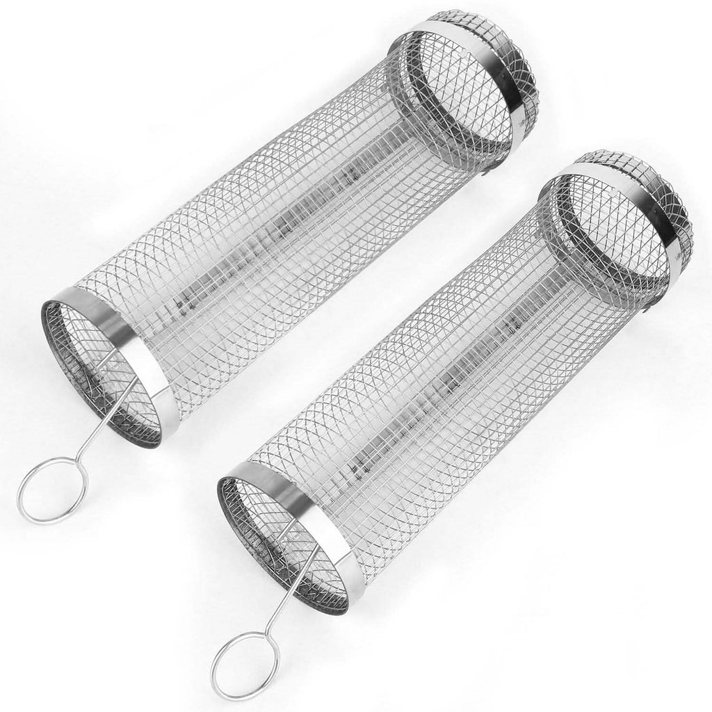 2-Piece: Portable BBQ Rolling Basket Round Stainless Steel Grill