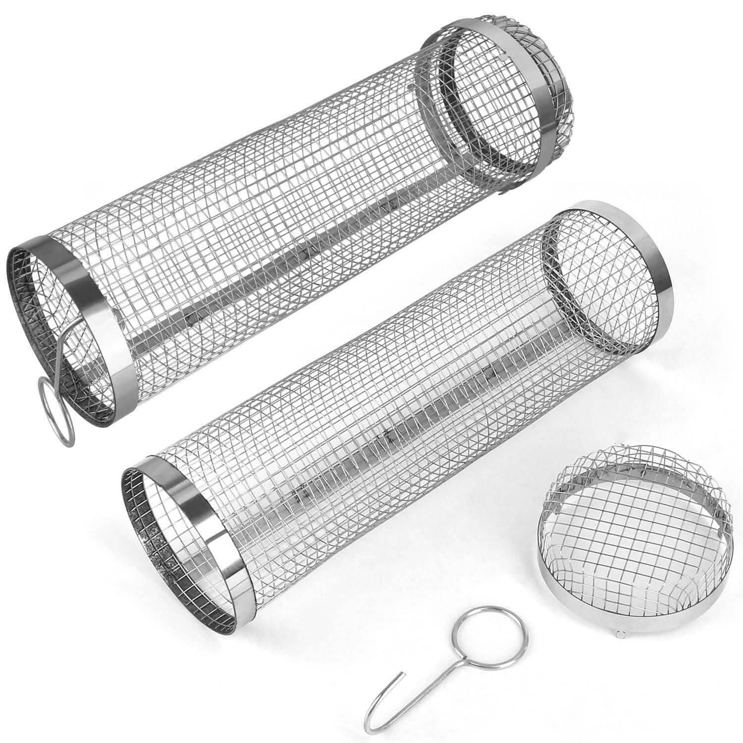 2-Piece: Portable BBQ Rolling Basket Round Stainless Steel Grill
