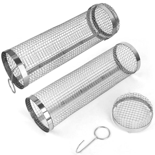 2-Piece: Portable BBQ Rolling Basket Round Stainless Steel Grill