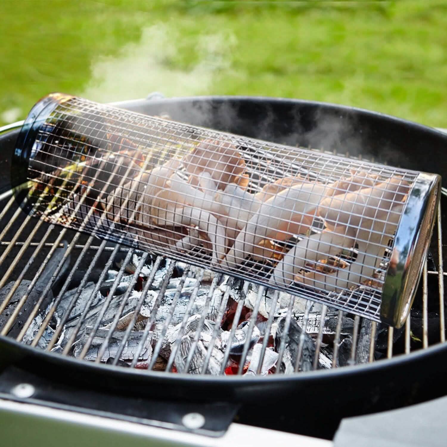2-Piece: Portable BBQ Rolling Basket Round Stainless Steel Grill