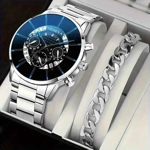 2-Piece Set: Exquisite Men's Quartz Timepieces And Fashionable Stainless Steel Watch Chains