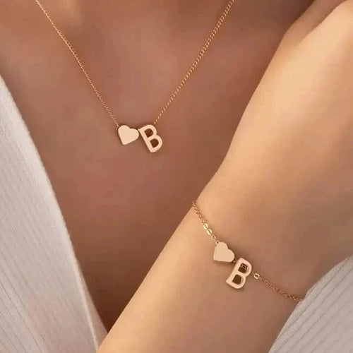 2-Piece Set: Metal Heart And English Letter Necklace And Bracelet