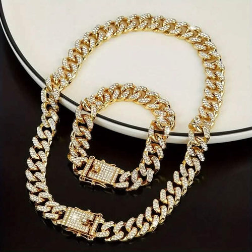 2-Piece Set: Unisex Hip Hop Cuban Chain Necklace and 8" Bracelet