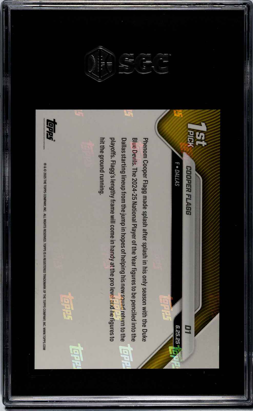 Graded 2025 Topps Now Cooper Flagg #D1 Draft Rookie RC Basketball Card SGC 9 Mint