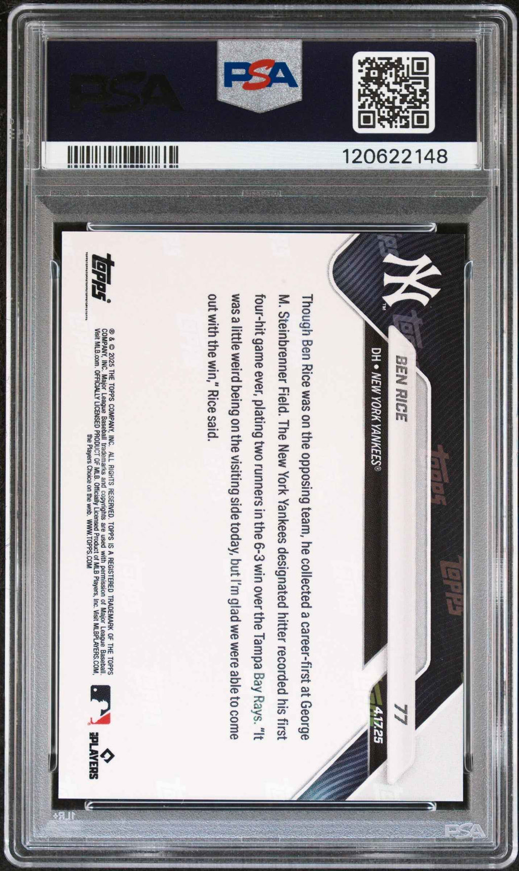 Graded 2025 Topps Now Ben Rice #77 Orange Foil /25 Rookie RC Baseball Card PSA 8 Near Mint