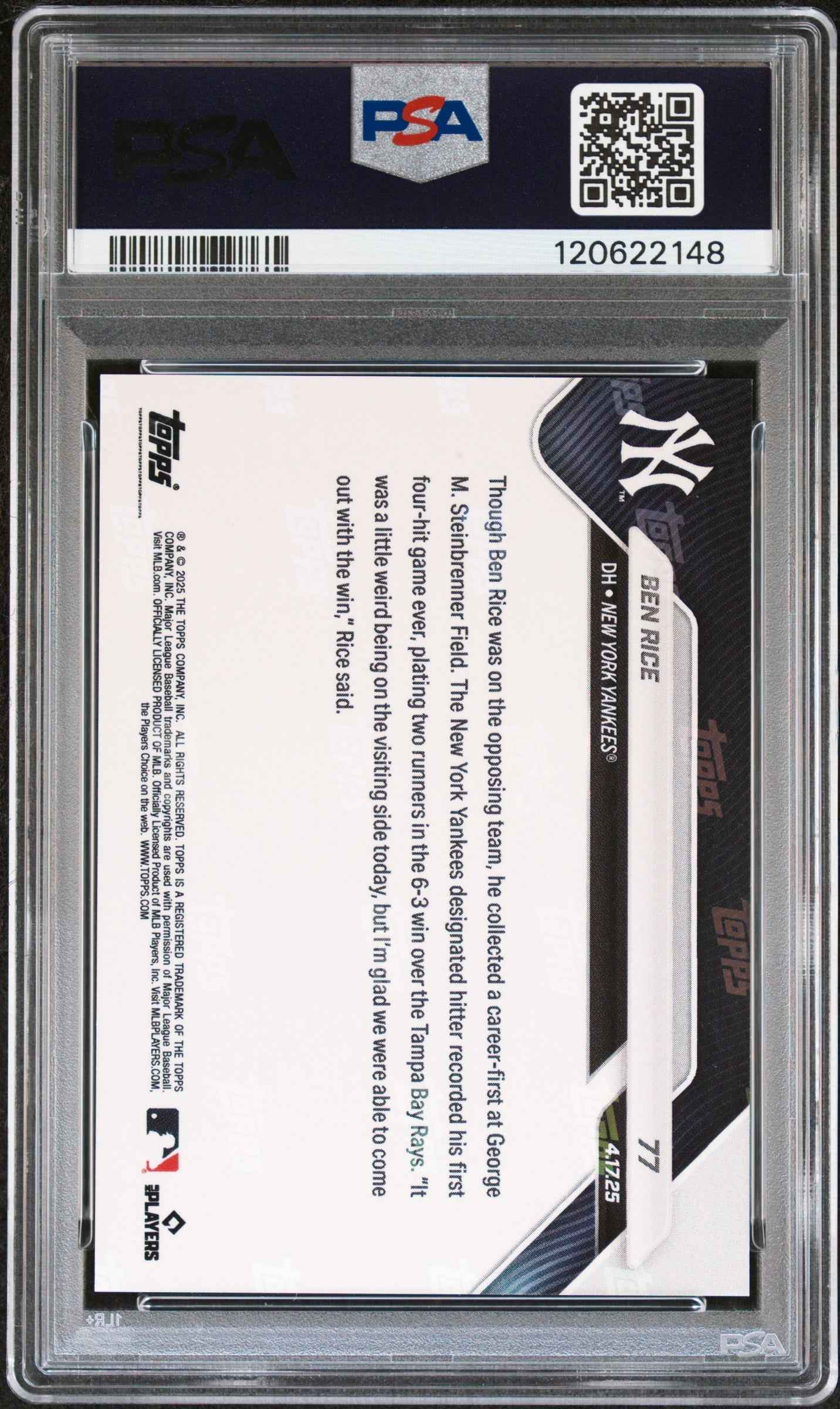 Graded 2025 Topps Now Ben Rice #77 Orange Foil /25 Rookie RC Baseball Card PSA 8 Near Mint
