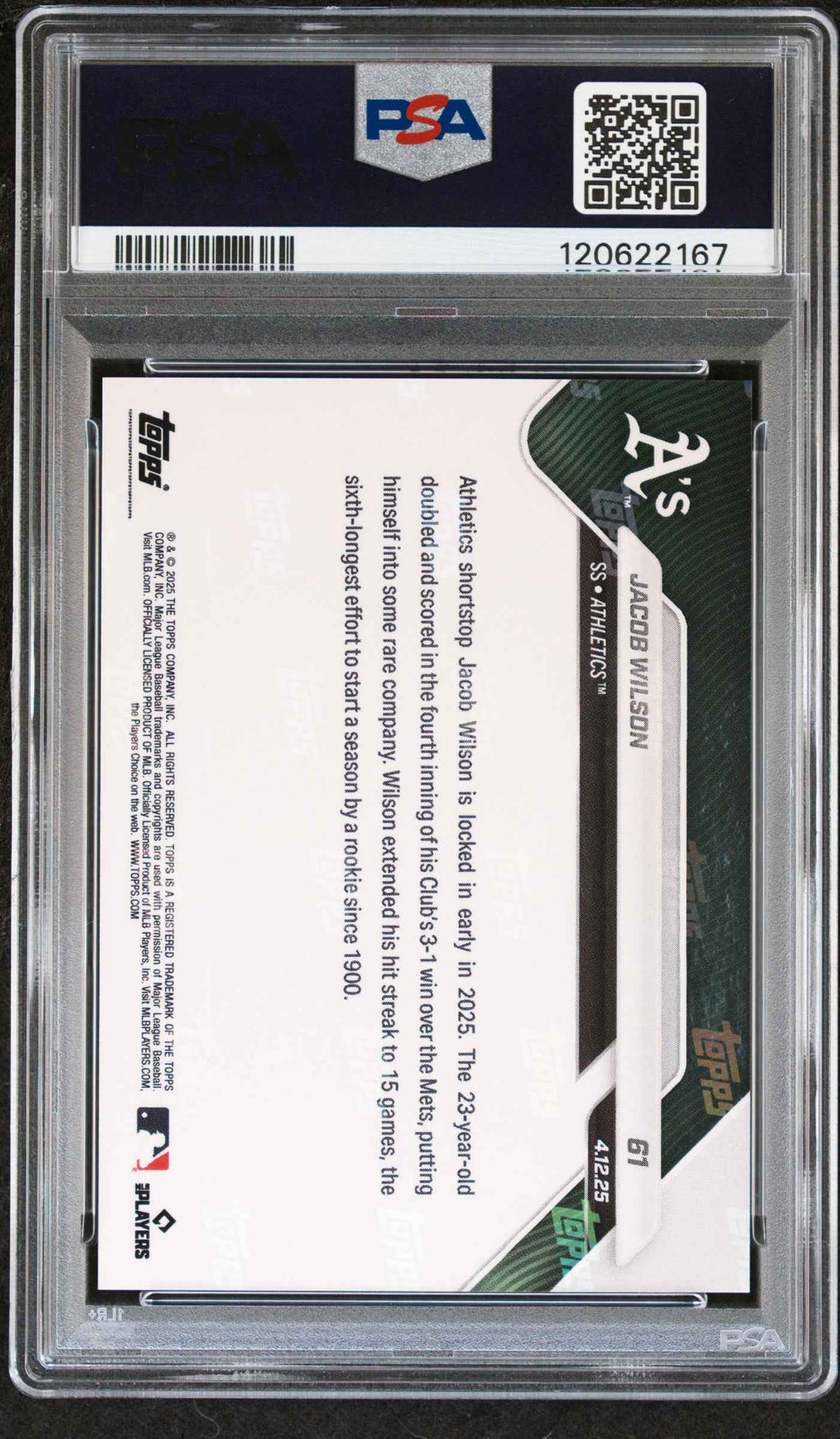 Graded 2025 Topps Now Jacob Wilson #61 Black Foil /10 Rookie RC Baseball Card PSA 9 Mint