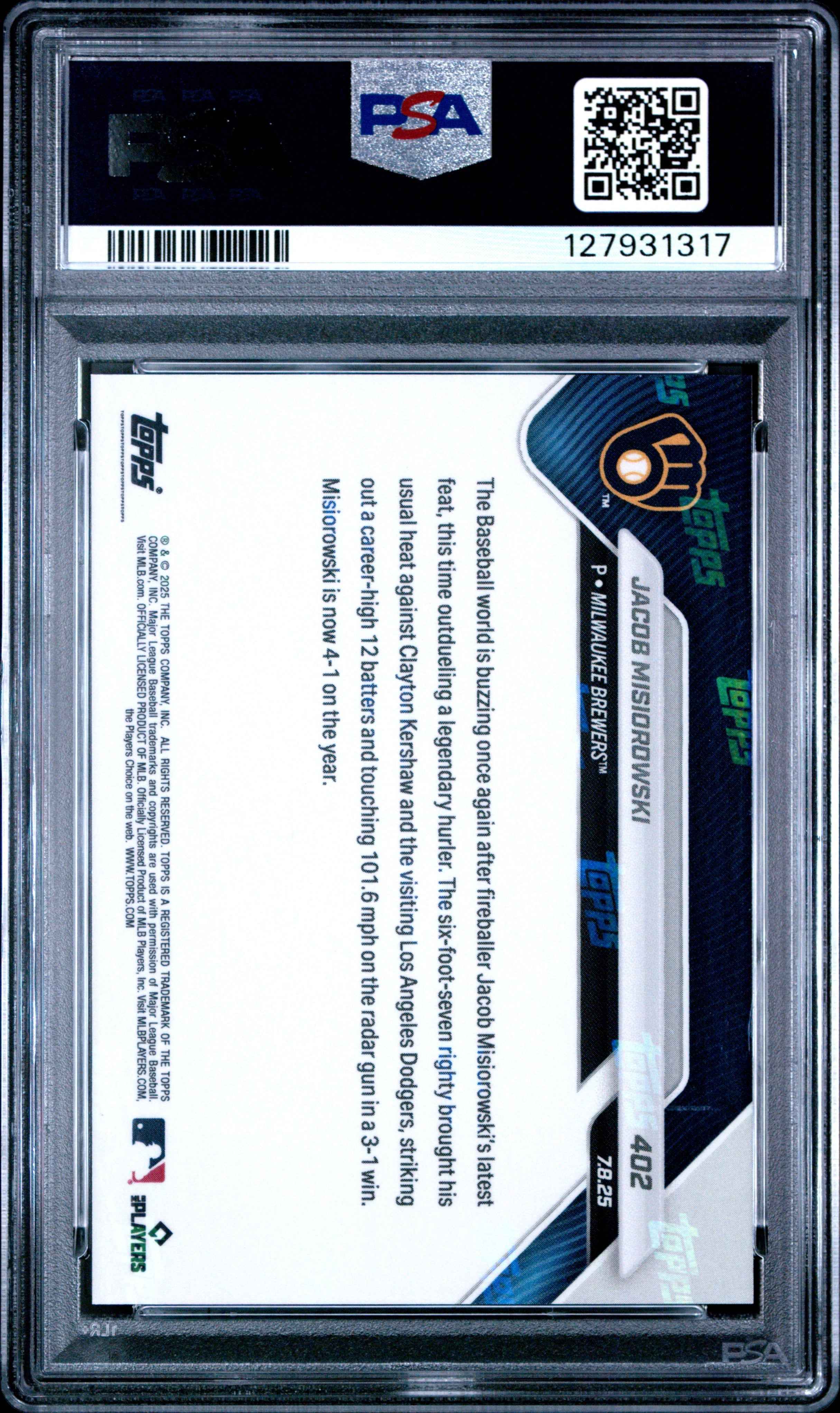 Graded 2025 Topps Now Jacob Misiorowski #402 Rookie RC Baseball Card PSA 9 Mint