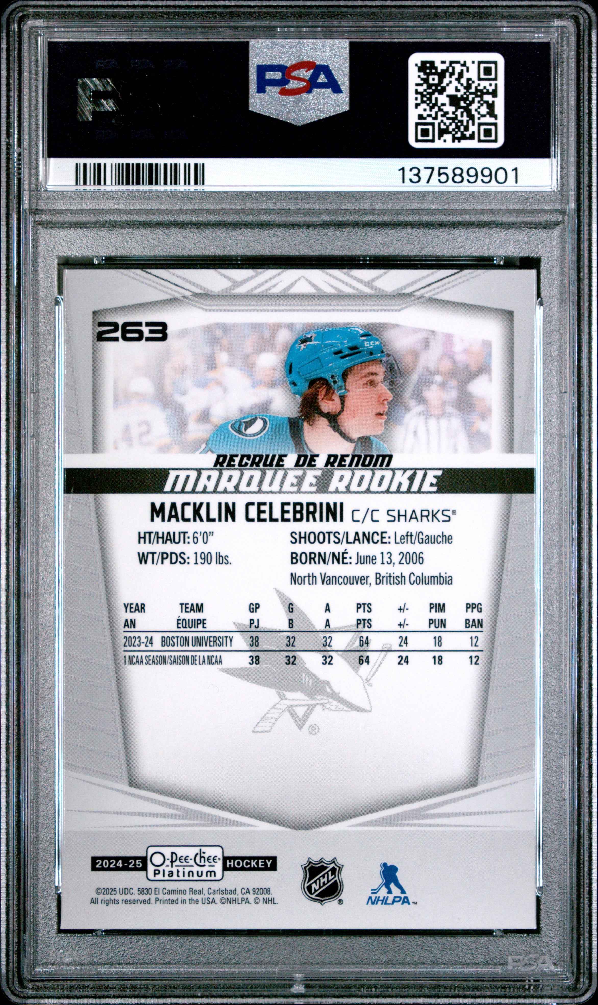 Graded 2024 O-Pee-Chee Platinum Macklin Celebrini #263 Rookie RC Hockey Card PSA 10 Gem Mint