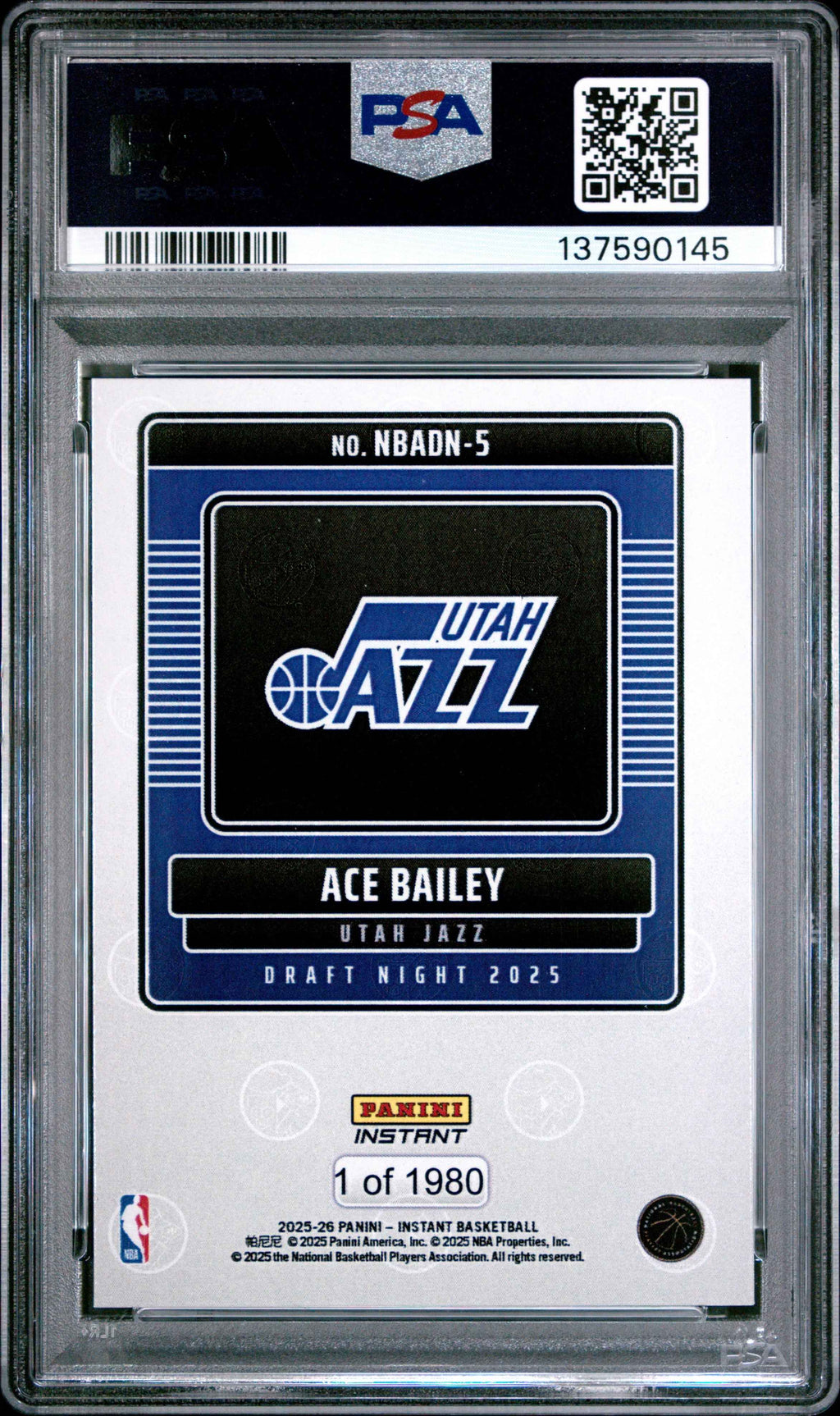 Graded 2025 Panini Instant Ace Bailey #5 Draft Night Rookie RC Basketball Card PSA 7 Near Mint