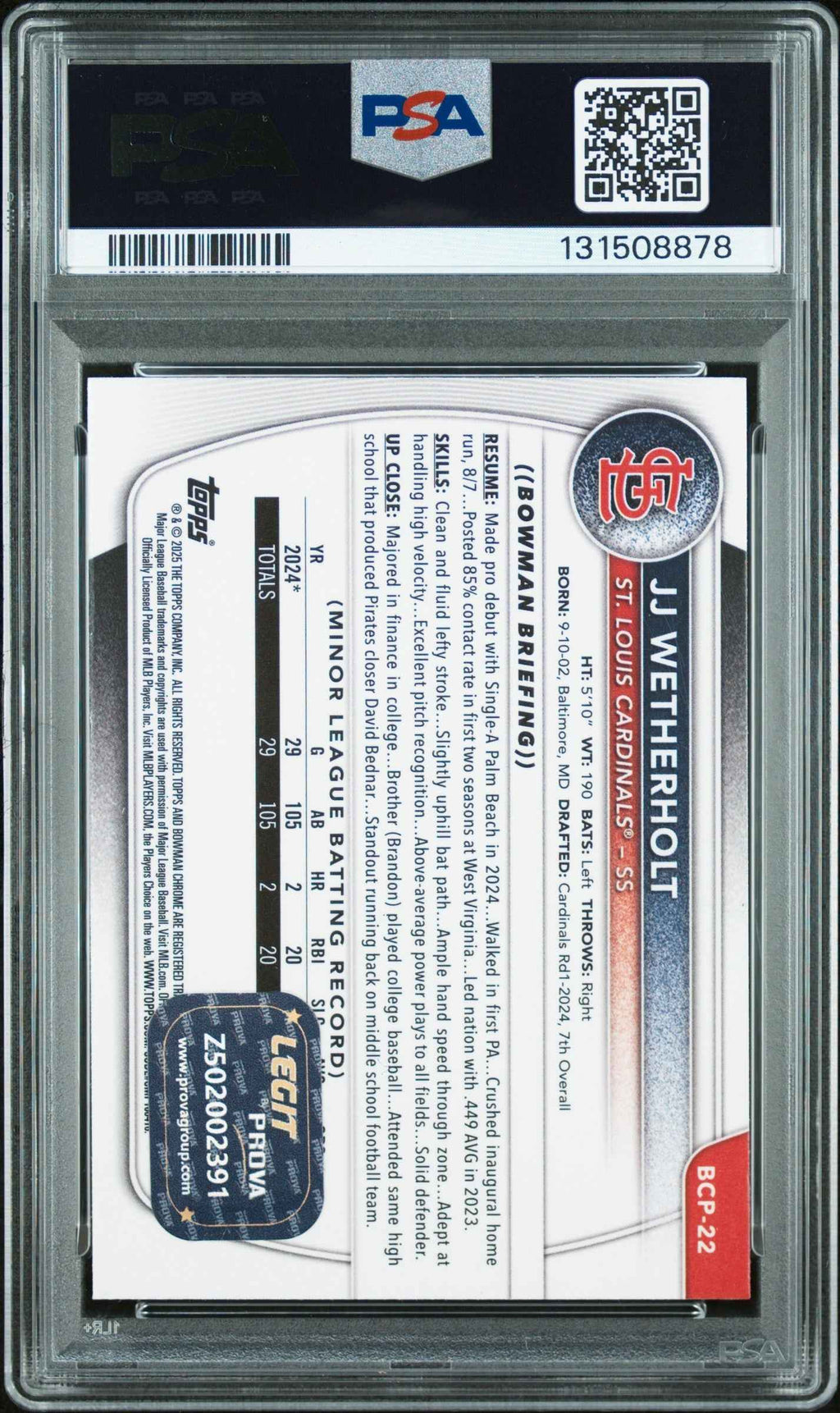 Graded 2025 Topps Bowman JJ Wetherholt #BCP-22 Chrome Prospects Rookie RC Baseball Card PSA 8 Auto Grade Near Mint