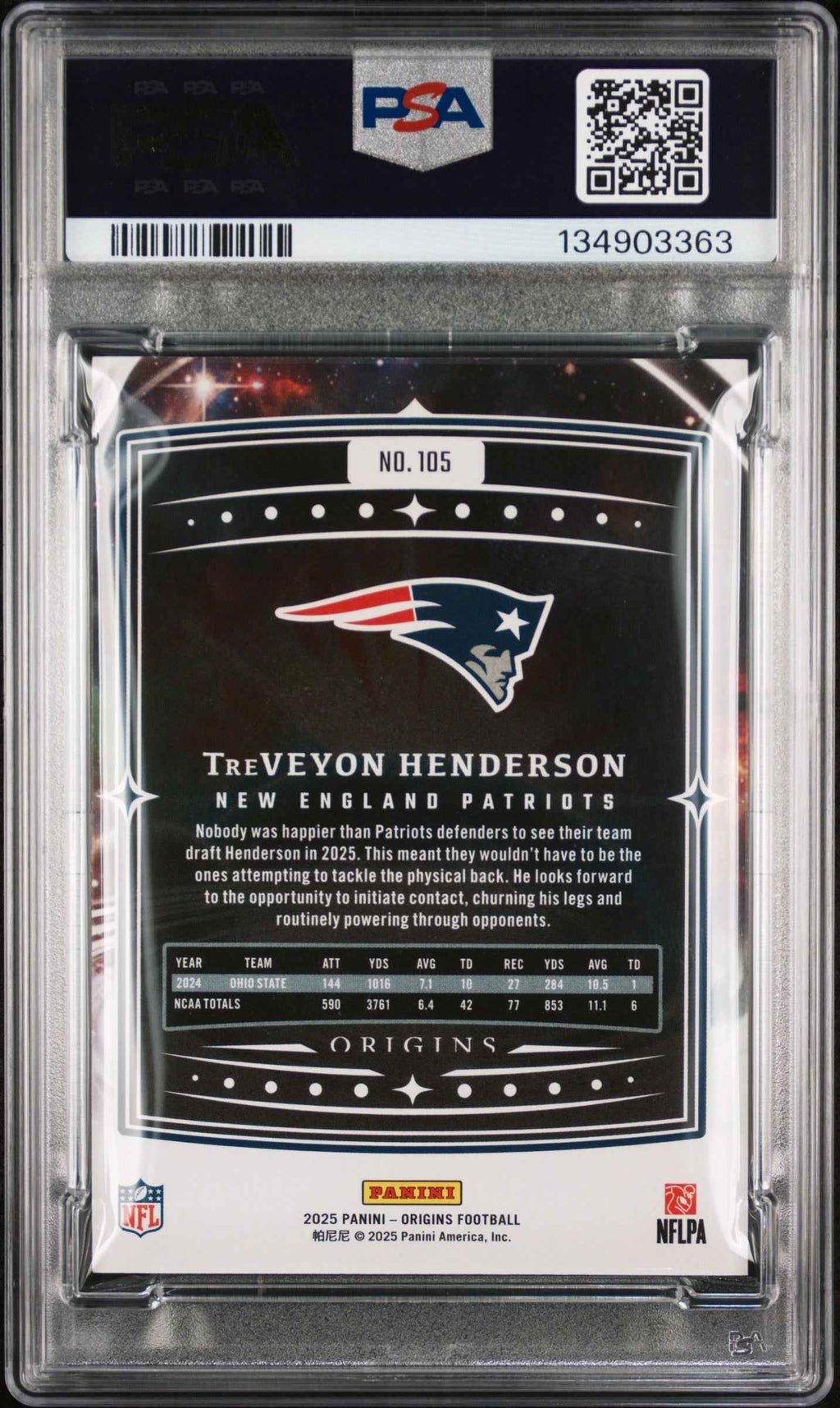 Graded 2025 Panini Origins TreVeyon Henderson #105 Rookie RC Football Card PSA 10 Gem Mint