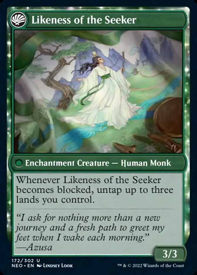 Azusa's Many Journeys // Likeness of the Seeker (NEO-172) - Kamigawa: Neon Dynasty: (fandfc, enchantment)