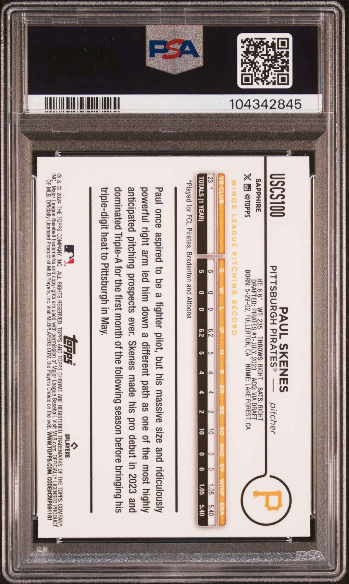 Graded 2024 Topps Chrome Update S/E Skenes #100 Rookie RC Baseball Card PSA 9 Mint