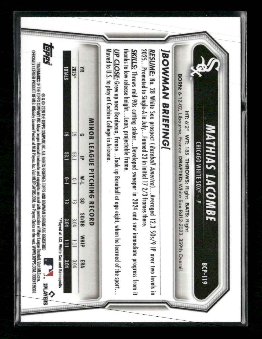 2026 Bowman Chrome Prospects Lazer Refractor Mathias Lacombe #BCP-119