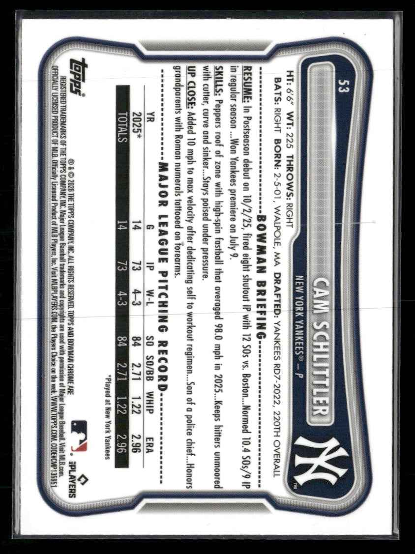 2026 Bowman Chrome Mojo Blue Refractors Cam Schlittler Rookie #/150 #53