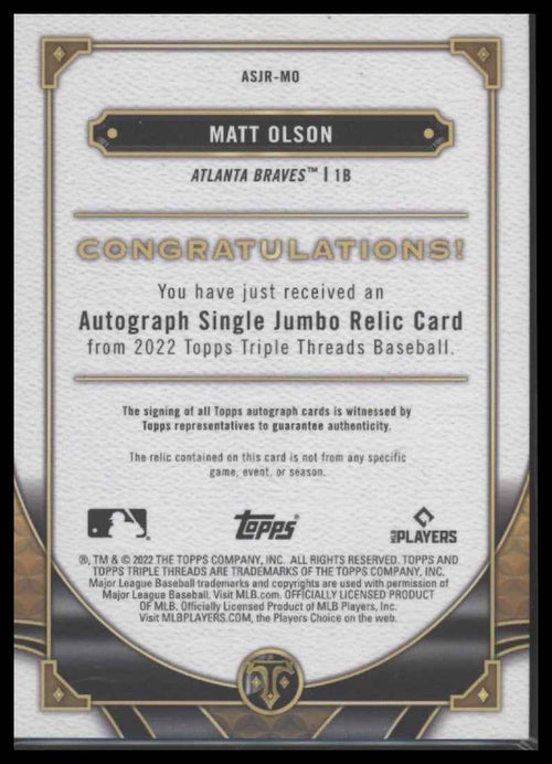 2022 Topps Triple Threads Autograph Single Jumbo Relics Amethyst Matt Olson #/75