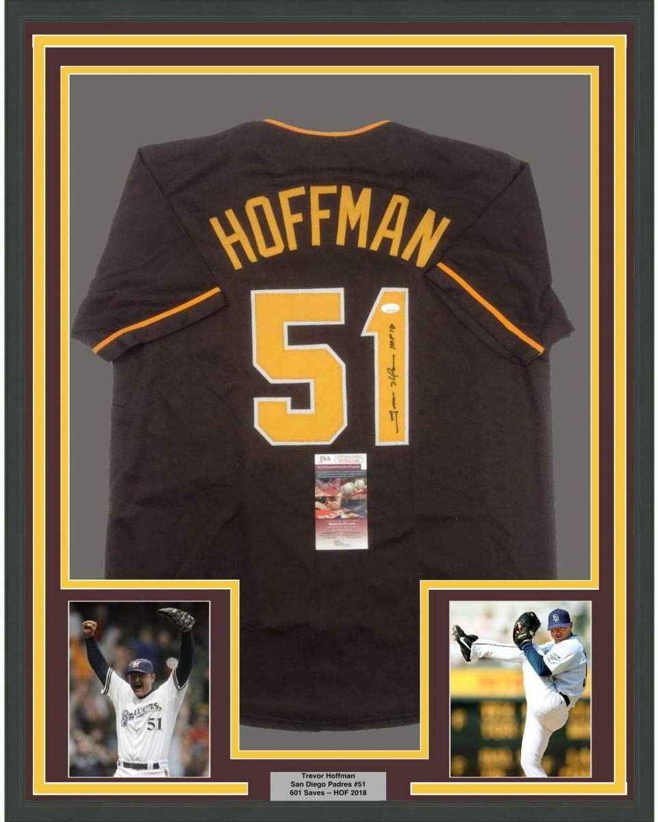 Framed Autographed/Signed Trevor Hoffman 35x39 San Diego Brown Baseball Jersey JSA COA
