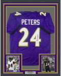 Framed Autographed/Signed Marcus Peters 35x39 Baltimore Purple Football Jersey JSA COA