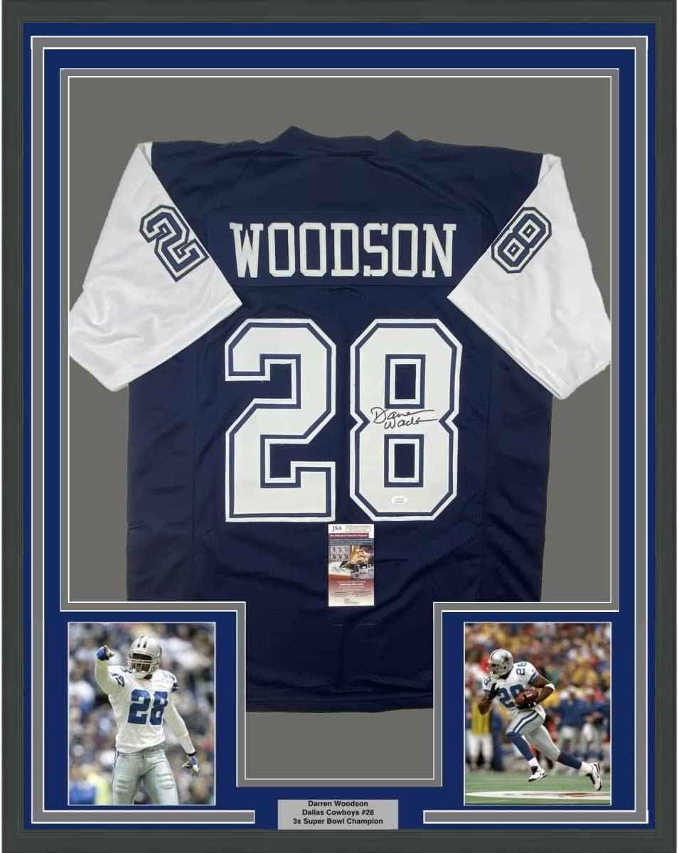 Framed Autographed/Signed Darren Woodson 35x39 Dallas Blue Football Jersey JSA COA