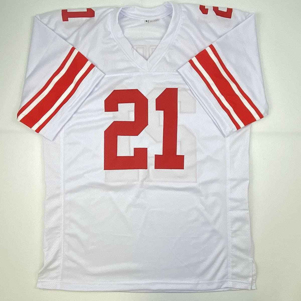 Autographed/Signed Tiki Barber New York White Football Jersey JSA COA