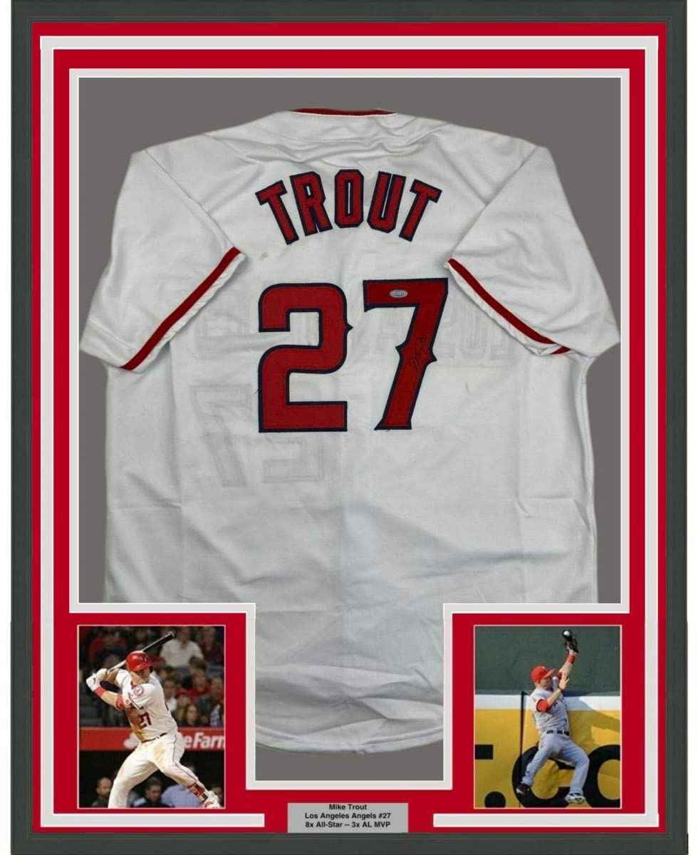 Framed Autographed/Signed Mike Trout 35x39 Los Angeles White Baseball Jersey Steiner Sports COA Hologram Only