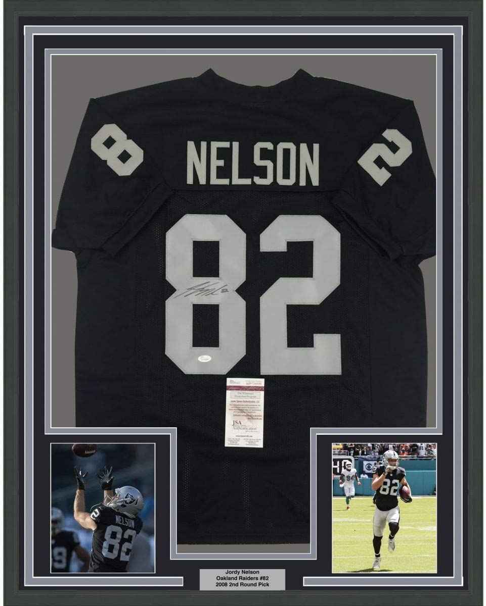 Framed Autographed/Signed Jordy Nelson 35x39 Oakland Black Football Jersey JSA COA