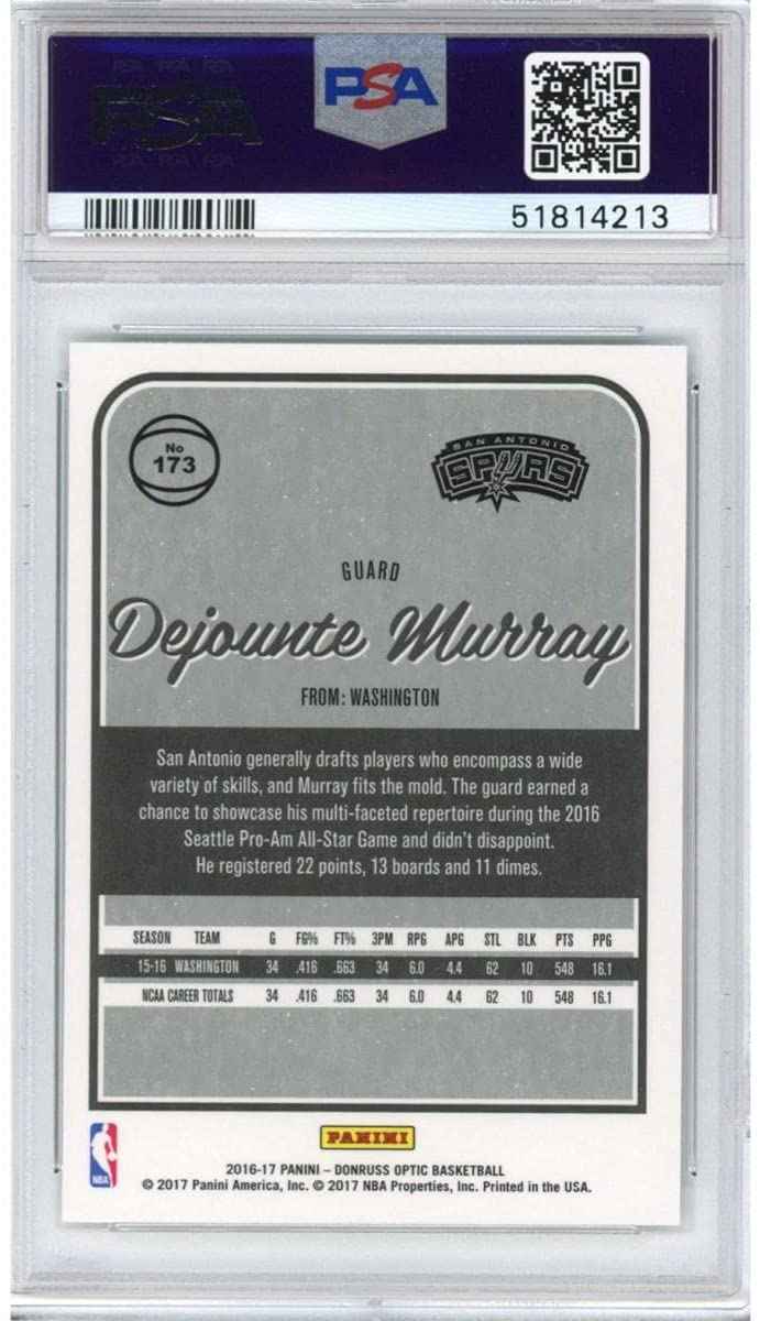 Graded 2016-17 Panini Donruss Optic Dejounte Murray #173 Rookie RC Basketball Card PSA 10 Gem Mint