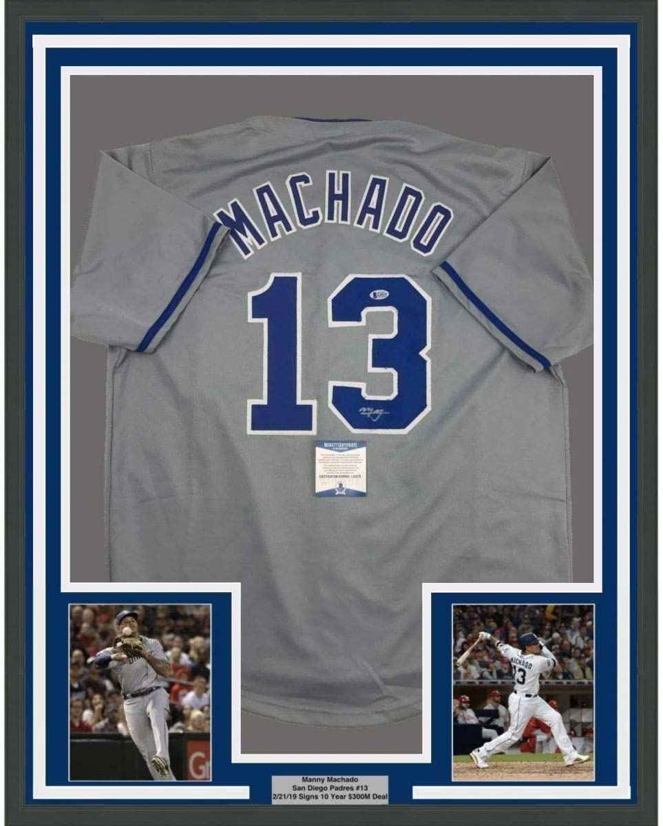 Framed Autographed/Signed Manny Machado 35x39 San Diego Grey Baseball Jersey Beckett BAS COA