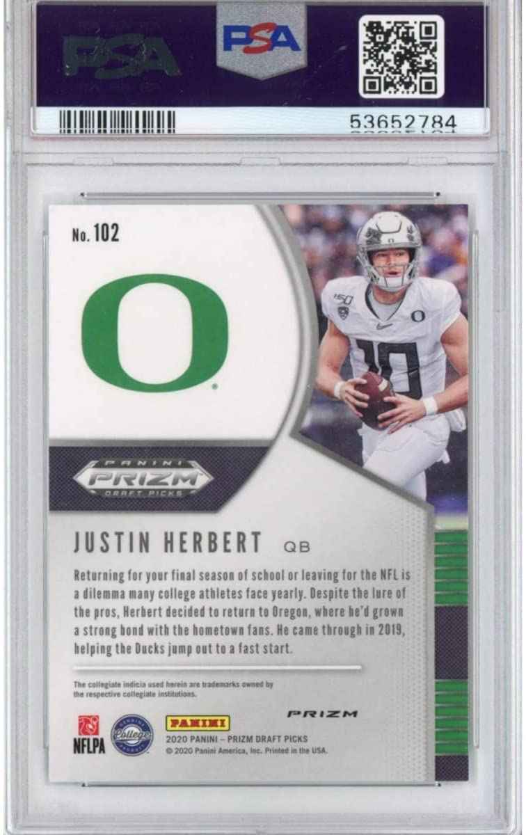 Graded 2020 Panini Prizm Draft Picks DP Justin Herbert #102 Silver Prizm Rookie RC Football Card PSA 10 Gem Mint