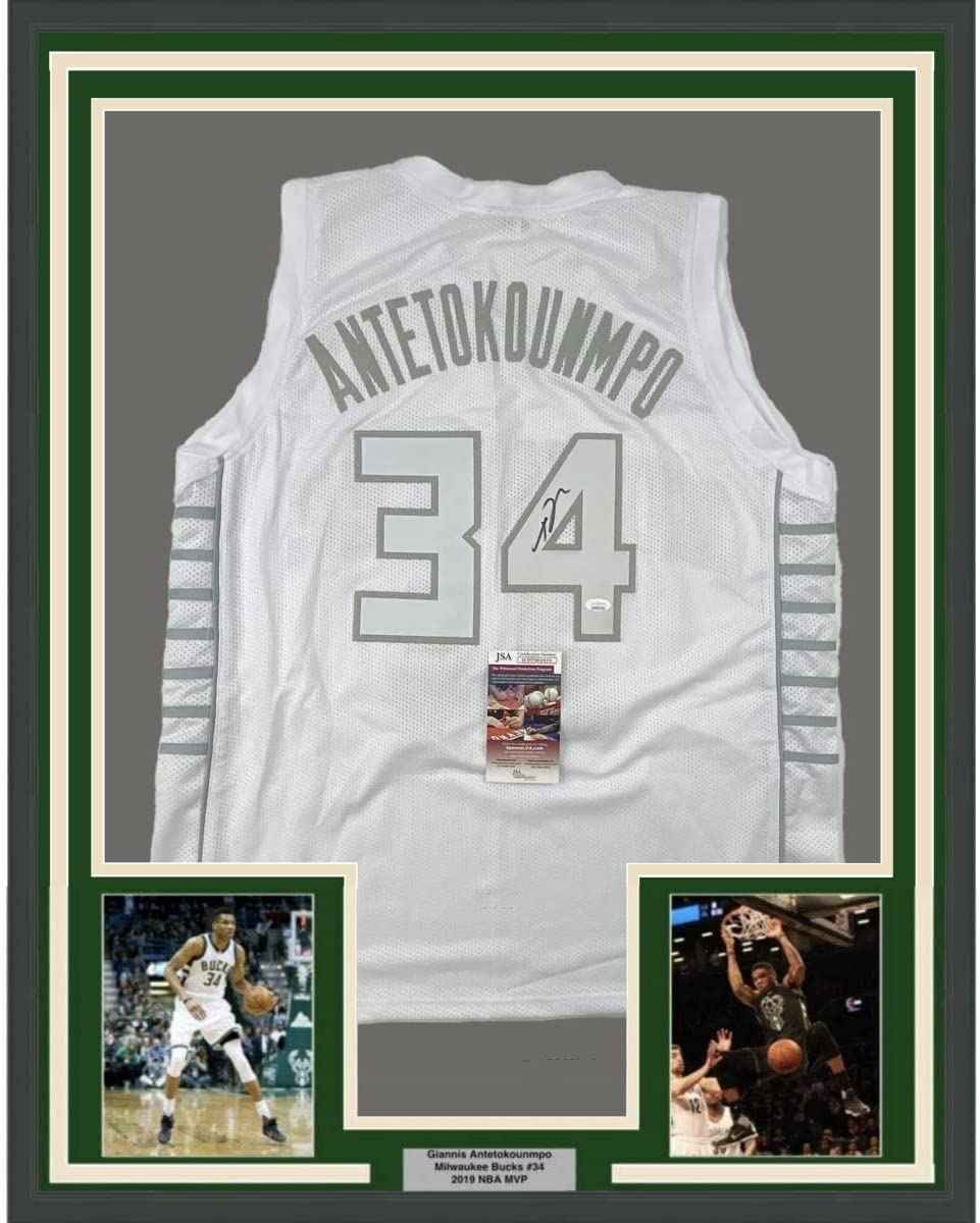 Framed Autographed/Signed Giannis Antetokounmpo 35x39 Milwaukee White Ice Basketball Jersey JSA COA