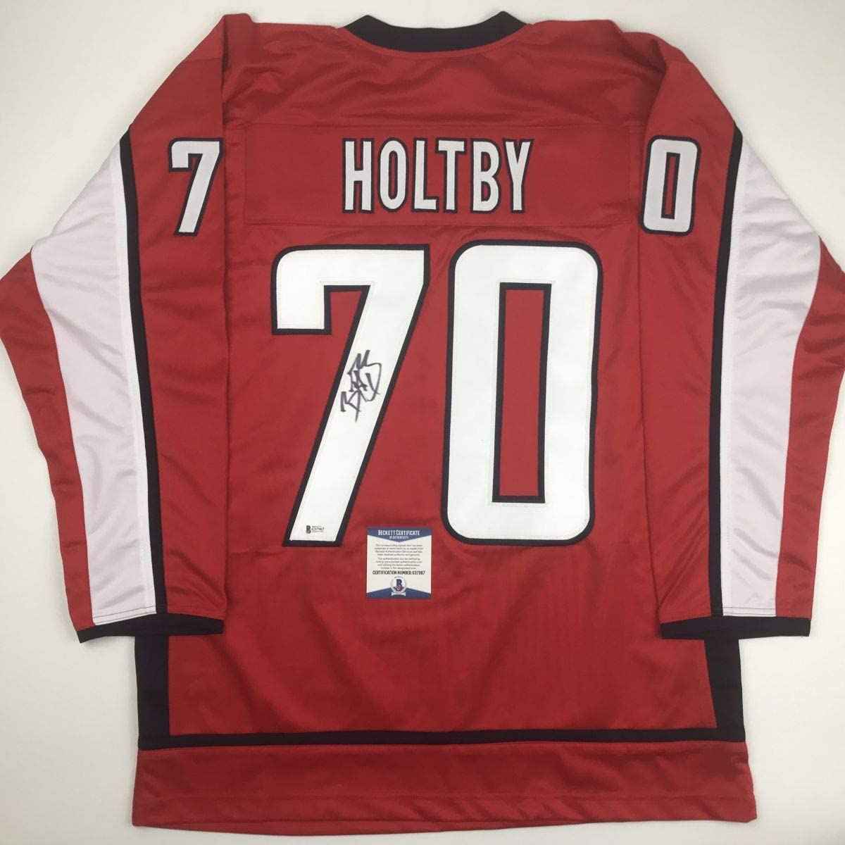 Autographed/Signed Braden Holtby Washington Red Hockey Jersey Beckett BAS COA