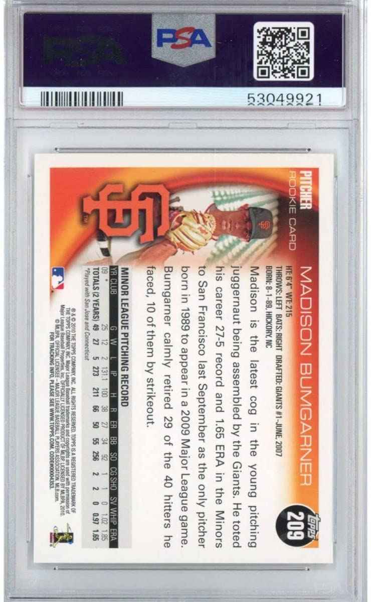Graded 2010 Topps Opening Day Madison Bumgarner #209 Rookie RC Baseball Card PSA 10 Gem Mint