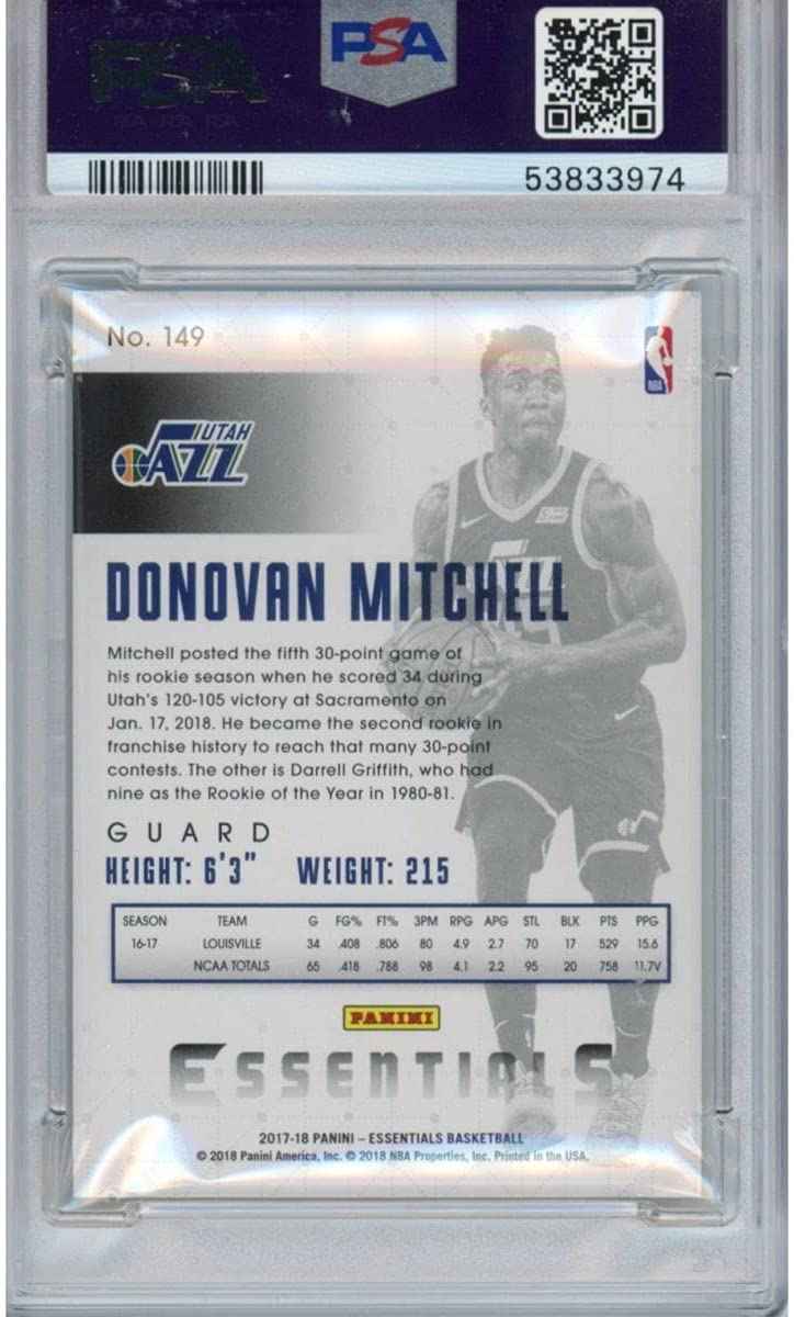 Graded 2017-18 Panini Essentials Donovan Mitchell #149 Rookie RC Basketball Card PSA 10 Gem Mint