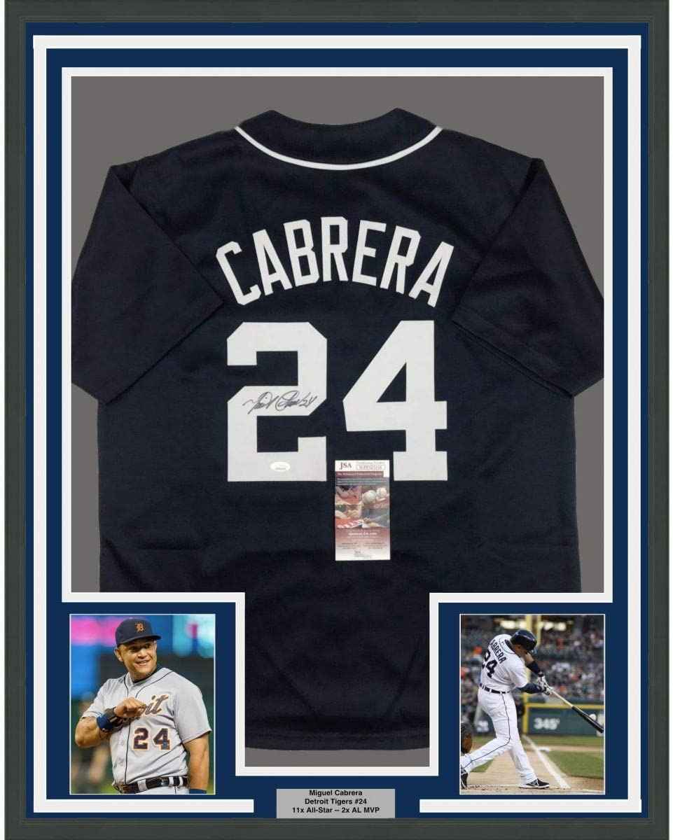 Framed Autographed/Signed Miguel Cabrera 35x39 Detroit Blue Baseball Jersey JSA COA