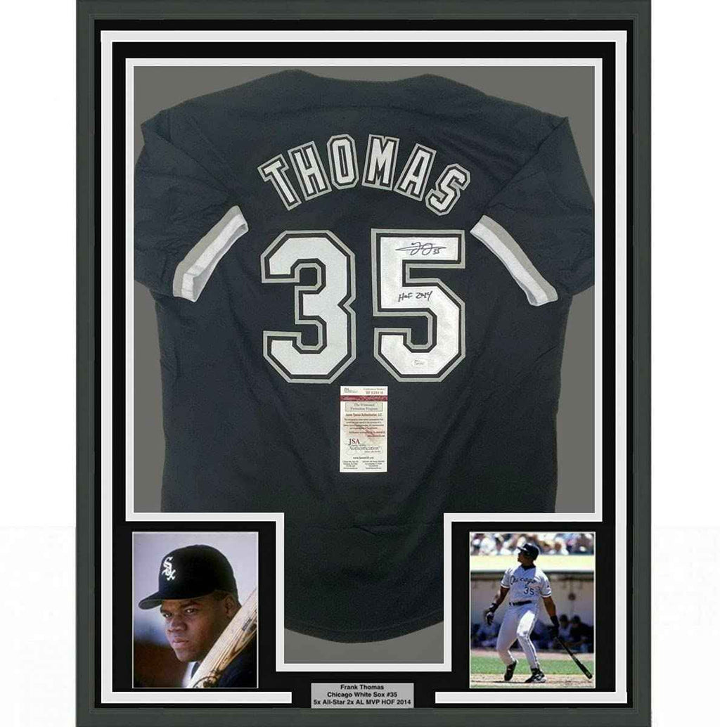 Framed Autographed/Signed Frank Thomas HOF 2014 35x39 Chicago Black Baseball Jersey JSA COA