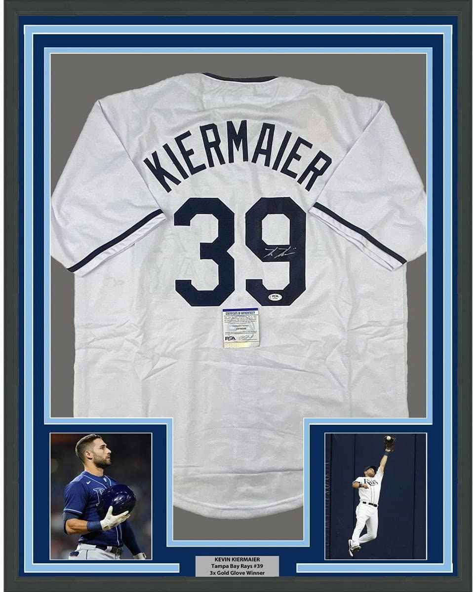 Framed Autographed/Signed Kevin Kiermaier 35x39 Tampa Bay White Baseball Jersey PSA/DNA COA