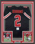 Framed Autographed/Signed JK J.K. Dobbins 35x39 Ohio State Black College Football Jersey Beckett BAS COA