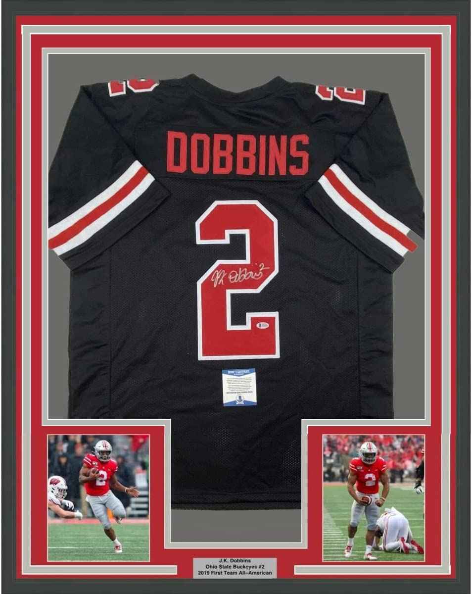Framed Autographed/Signed JK J.K. Dobbins 35x39 Ohio State Black College Football Jersey Beckett BAS COA